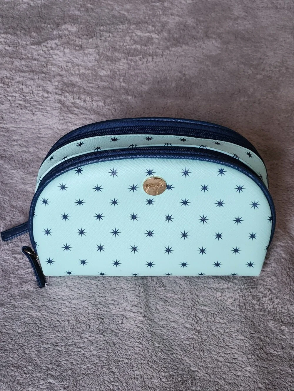 Dabney Lee Mint Navy Star Print Cosmetic Travel Toiletries Bag Pouch Duo Set
